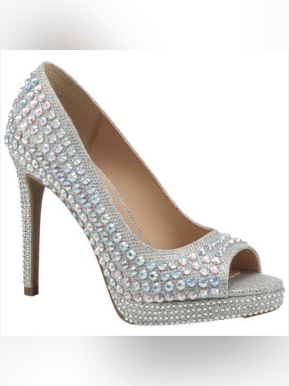 Silver Crystal Embellished Peep-Toe High Heel Pumps
